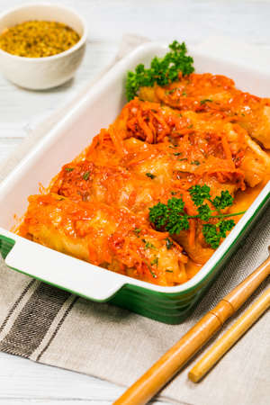 Cabbage Rolls With Ground Beef and Rice. Panoramic image. Selective focus.の写真素材