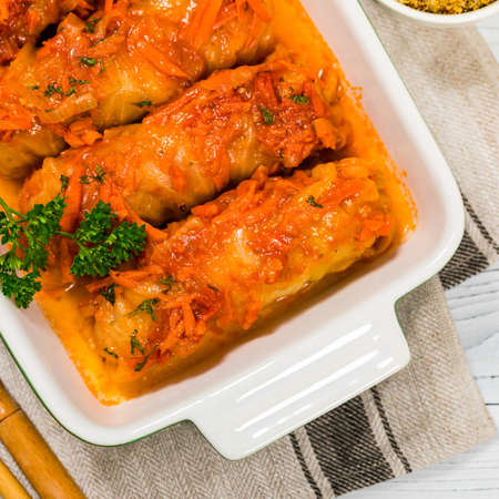 Cabbage Rolls With Ground Beef and Rice. Panoramic image. Selective focus.の写真素材