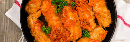Cabbage Rolls With Ground Beef and Rice. Panoramic image. Selective focus.の写真素材