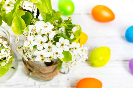 Spring Blossoms with Decorative Easter Eggs. Easter theme. Selective focus.の写真素材