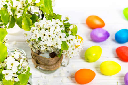 Spring Blossoms with Decorative Easter Eggs. Easter theme. Selective focus.の写真素材