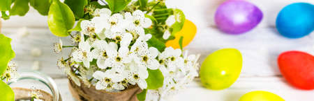 Spring Blossoms with Decorative Easter Eggs. Easter theme. Selective focus.の写真素材