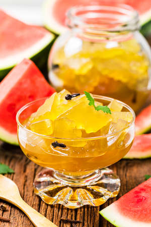 Watermelon Rind Jam Or Candied Watermelon Crusts In Syrup. Azerbaijani Cuisine. Selective focus.の写真素材