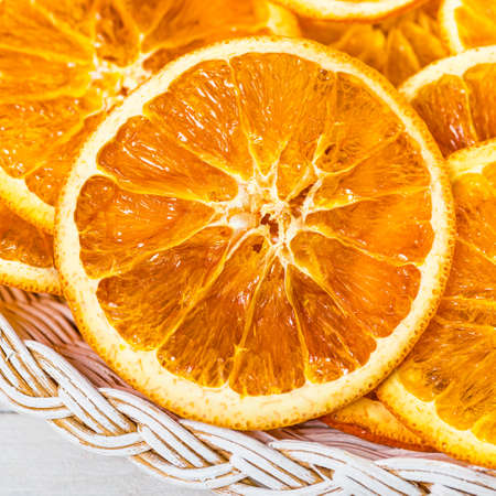 Dry Oranges Slices Snack. Dry Oranges for Christmas Decorations. Selective focus.の写真素材