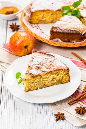 Apple Cinnamon Cake or French Apple Pie with Chunks of Sweet Apples. Selective focus.の写真素材