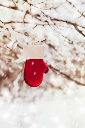 Christmas Background. Red and White Felt Mitten on a Natural Background. Selective focus.の写真素材