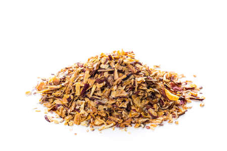 Dried Shallots Onion Flakes Dehydrated Spice Isolated on White Background. Selective focus.の写真素材