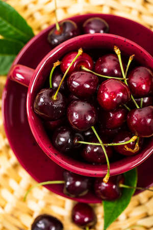 Cherries Background. Sweet Black and Red Cherries. Selective focus.の写真素材