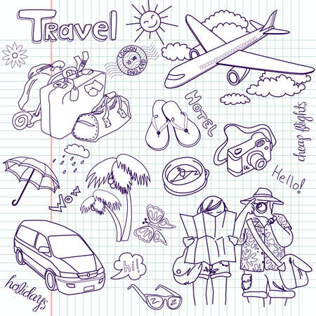 Hand drawn travel doodles. Vector illustration.のイラスト素材