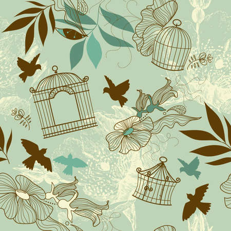 Birds and bird cages. Seamless pattern のイラスト素材