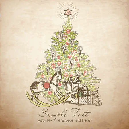 Vintage Christmas Card . Beautiful Christmas tree illustration のイラスト素材