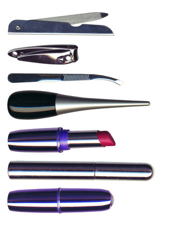 makeup brush and cosmetics with pose petals, on a white background isolated