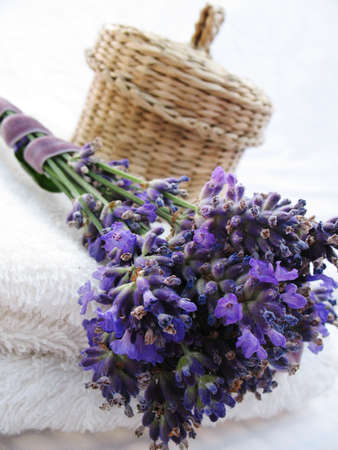 Close up Lavander, towels and a little boxの写真素材