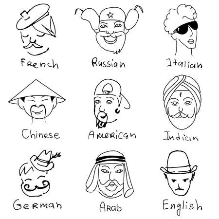 Different stereotypes of nationalities from all over the world. Hand drawn doodles.のイラスト素材