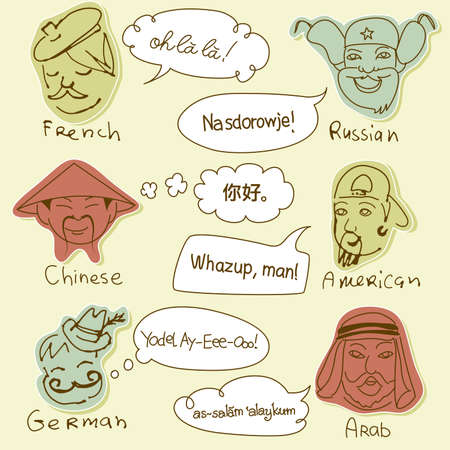 Different stereotypes of nationalities from all over the world. Hand drawn doodles. のイラスト素材