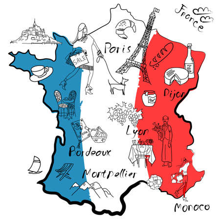 Stylized map of France. Things that different Regions in France are famous for.のイラスト素材