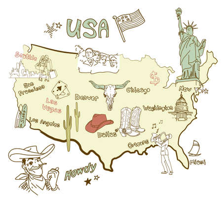 Stylized map of America. Things that different Regions in USA are famous for.のイラスト素材