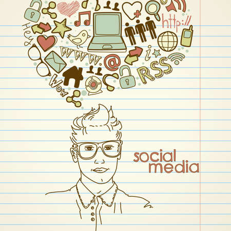 Social network doodles. Handsome men with thought bubble のイラスト素材