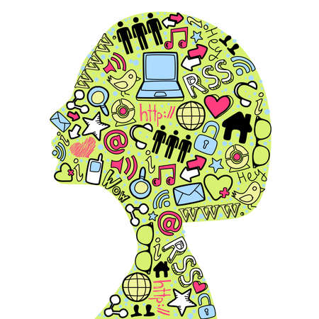Woman head silhuette made with social media icons set. のイラスト素材