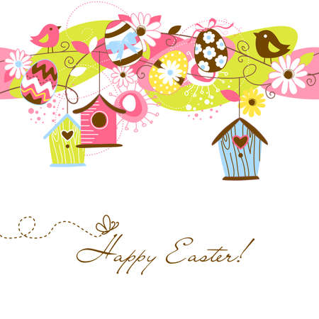 Beautiful Spring background with bird houses, birds, eggs and flowers のイラスト素材