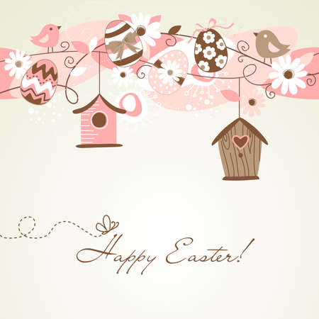 Beautiful Spring backgroun with bird houses, birds, eggs and flowersのイラスト素材