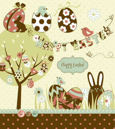 Easter Extravaganza. Big Easter set with cute chocolate rabbit, colourful eggs, chicks, Easter tree and a Clothesline with letters on it. Ideal for scrapbookingのイラスト素材