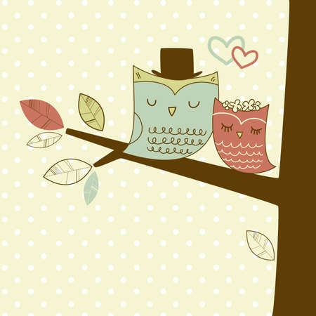 Two cute owls on the tree branch, Romantic Wedding Card のイラスト素材