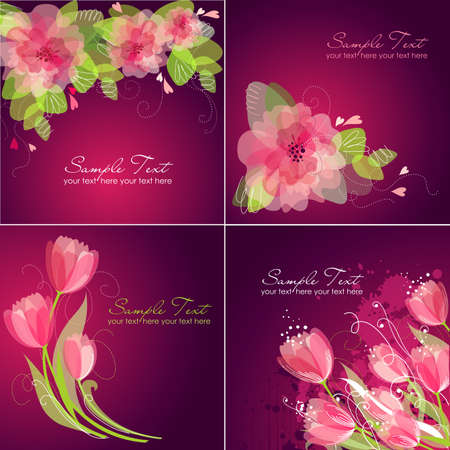 Set of 4 Romantic Flower Backgrounds in pink and white colours. Ideal for Wedding invitation, birthday card or mother's day card のイラスト素材