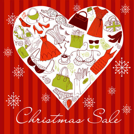 Christmas SALE! A heart shape made of of different female fashion accessories. のイラスト素材