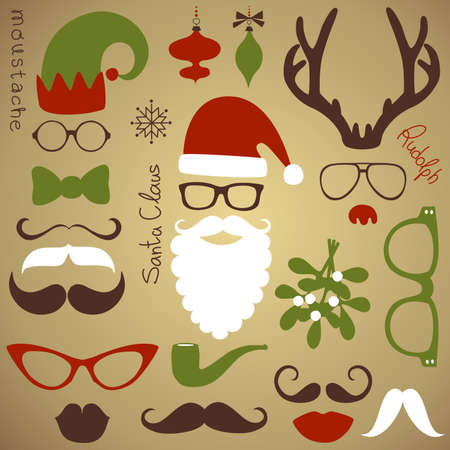 Retro Party set - Santa Claus beard, hats, deer antlers, bow, glasses, lips, mustaches のイラスト素材