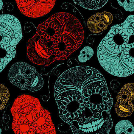 Seamless Blue, Black and Red background with skulls のイラスト素材