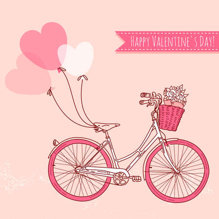 Bicycle with balloons and a basket full of flowers, Romantic Valentine's Day Card のイラスト素材