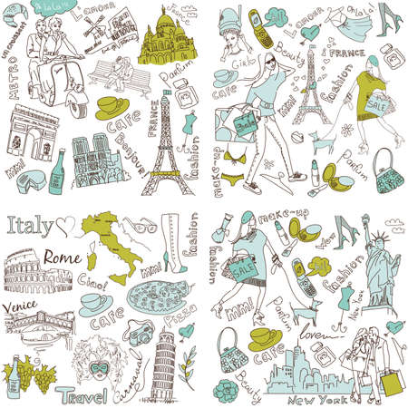 Italy, France, USA - four wonderful collections of hand drawn doodles のイラスト素材