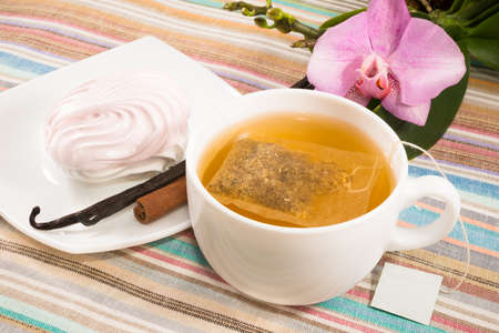 cup of tea with tea bag and pink marshmallow on a saucer with a vanilla, cinnamonの写真素材