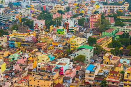 Colorful homes in crowded Indian city Trichyの写真素材