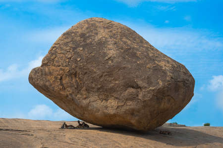 ancient Balancing Ball in Mahabalipuram, Tamil Nadu, Indiaの写真素材