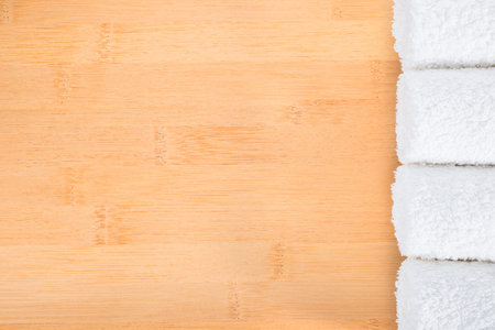 white towels on bamboo wooden の写真素材