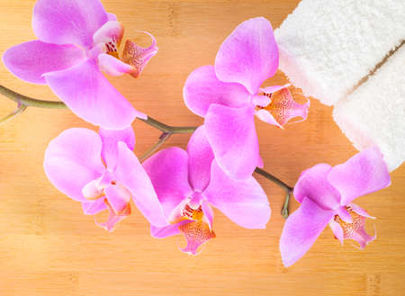 branch lilac orchid and white towels on bamboo wooden  backgroundの写真素材