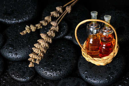 Aromatic spa concept of bottles essential oil in basket and dried lavenders on black zen basalt stones with dewの写真素材