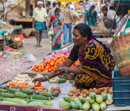 CHENNAI, INDIA - FEBRUARY 10: An unidentified  the woman sells vegetables on February 10, 2013 in Chennai, India. Fresh vegetables is traditional food  of Hinduism's adherents.のeditorial素材