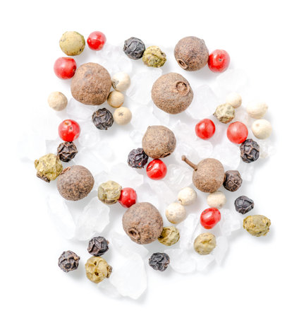 top down of different peppers and sea salt is isolated on white background, closeupの写真素材