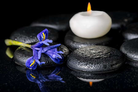 beautiful spa concept of blooming iris flower, candles and black zen stones on reflection water, closeupの写真素材
