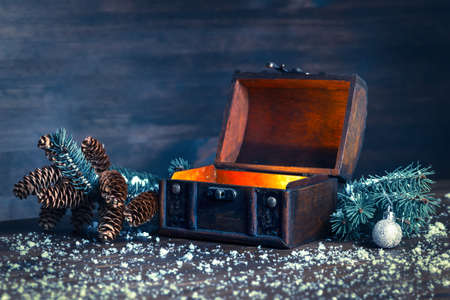 Christmas winter fairy with miracle in opened chest. Background of mystery gift New Year, fir tree and snow. Instagram styleの写真素材