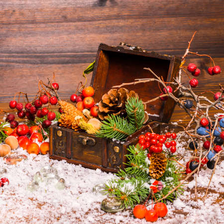 Christmas winter still life with opened full chest, apple, nuts, cones, berries, fir tree and snow, closeupの写真素材