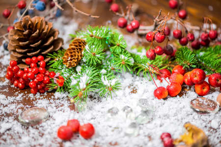 beautiful Christmas concept with cones, berries, fir tree and snow, closeupの写真素材