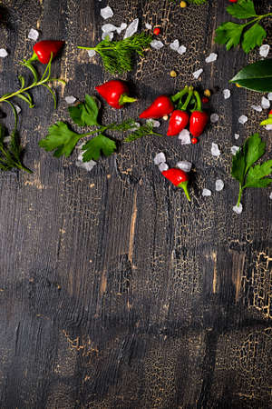 top down of red hot chili peppers, sea salt, greenery on cracks black background, close upの写真素材