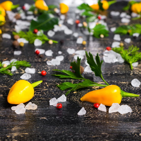 beautiful spaces setting of yellow peppers, sea salt, different greenery on cracks black background, close upの写真素材