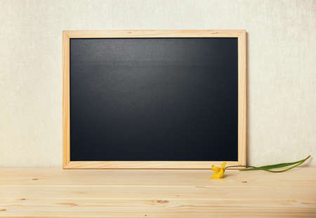 empty blank school new black board with tulip on table, close upの写真素材