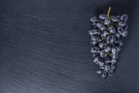 top view of single branch blue grapes on black slate stone background with empty copy space, close upの写真素材