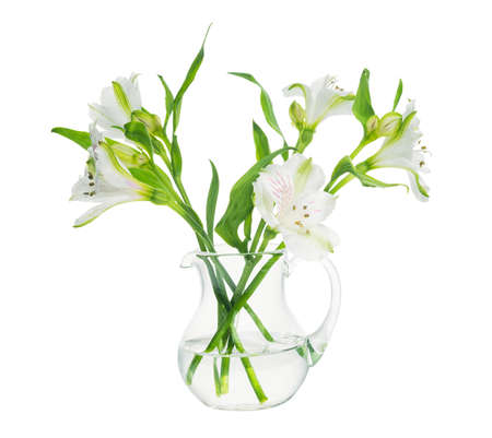 bouquet of alstroemeria flowers in transparent vase isolated on white background, close up, mock upの写真素材